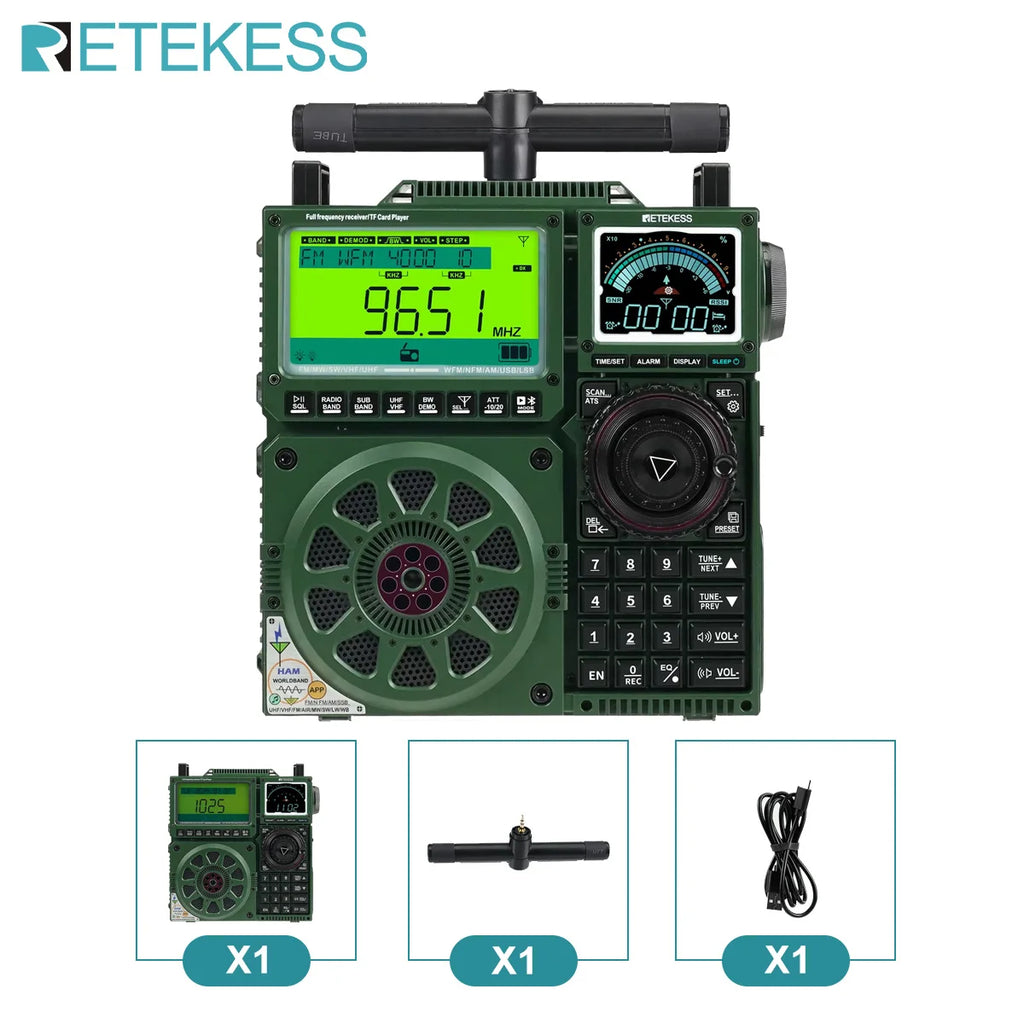 Retekess TR113 Hordozható Rádió – Teljes Sávos Vevő, Bluetooth, VHF/UHF, Rövidhullámú Antenna