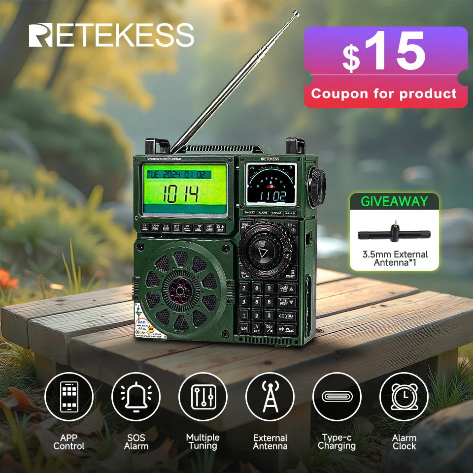 Retekess TR113 Hordozható Rádió – Teljes Sávos Vevő, Bluetooth, VHF/UHF, Rövidhullámú Antenna