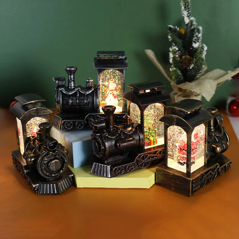 Karácsonyi kristálygömb és vonat dísz – hópehelyfényes asztali dekoráció