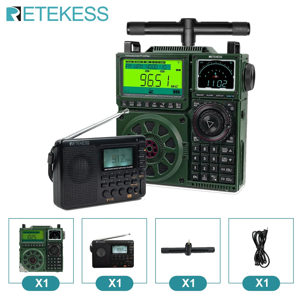Retekess TR113 Hordozható Rádió – Teljes Sávos Vevő, Bluetooth, VHF/UHF, Rövidhullámú Antenna