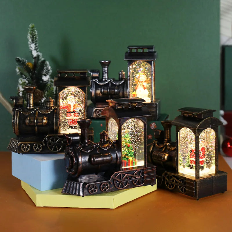 Karácsonyi kristálygömb és vonat dísz – hópehelyfényes asztali dekoráció